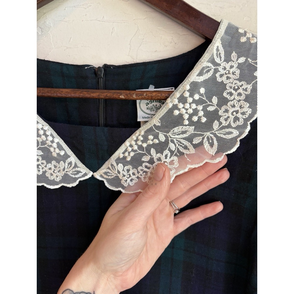 Vintage 80s Laura Ashley Wool Tartan Plaid Drop Waist Dress 12 Lace Collar UK - Picture 8 of 11